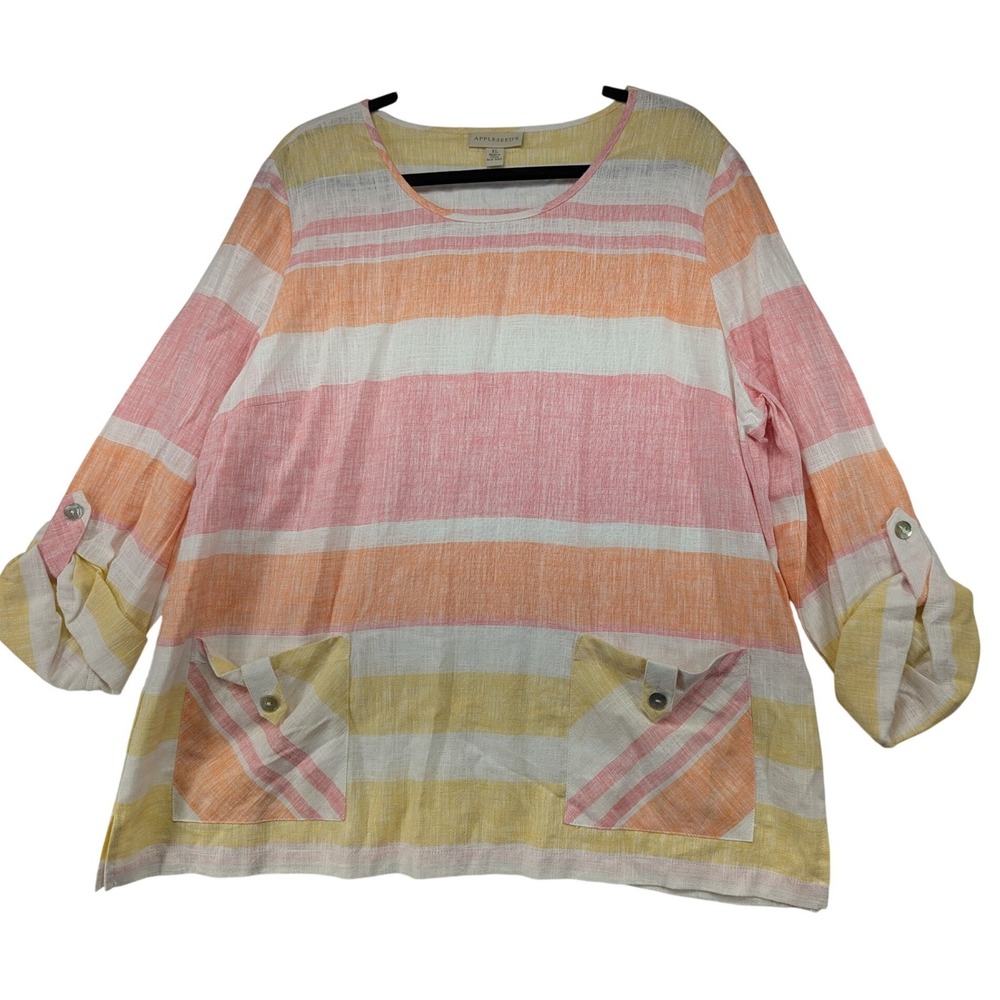 Appleseeds Womens‎ XL Linen Blend Striped Roll Tab Sleeve Tunic Top Pink Orange
